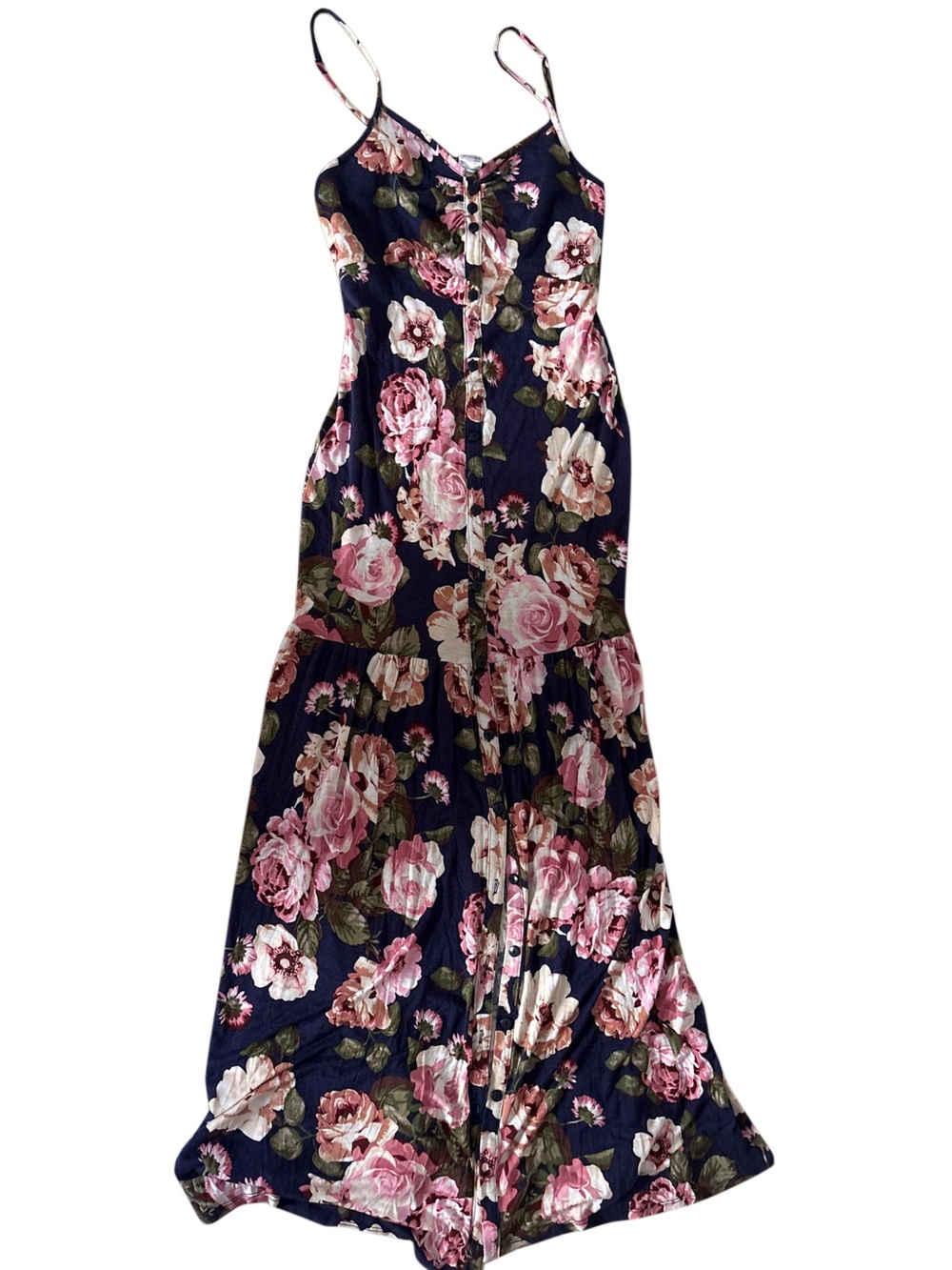 VENUS Navy Maxi Dress with Pink Floral Print and Spaghetti Straps